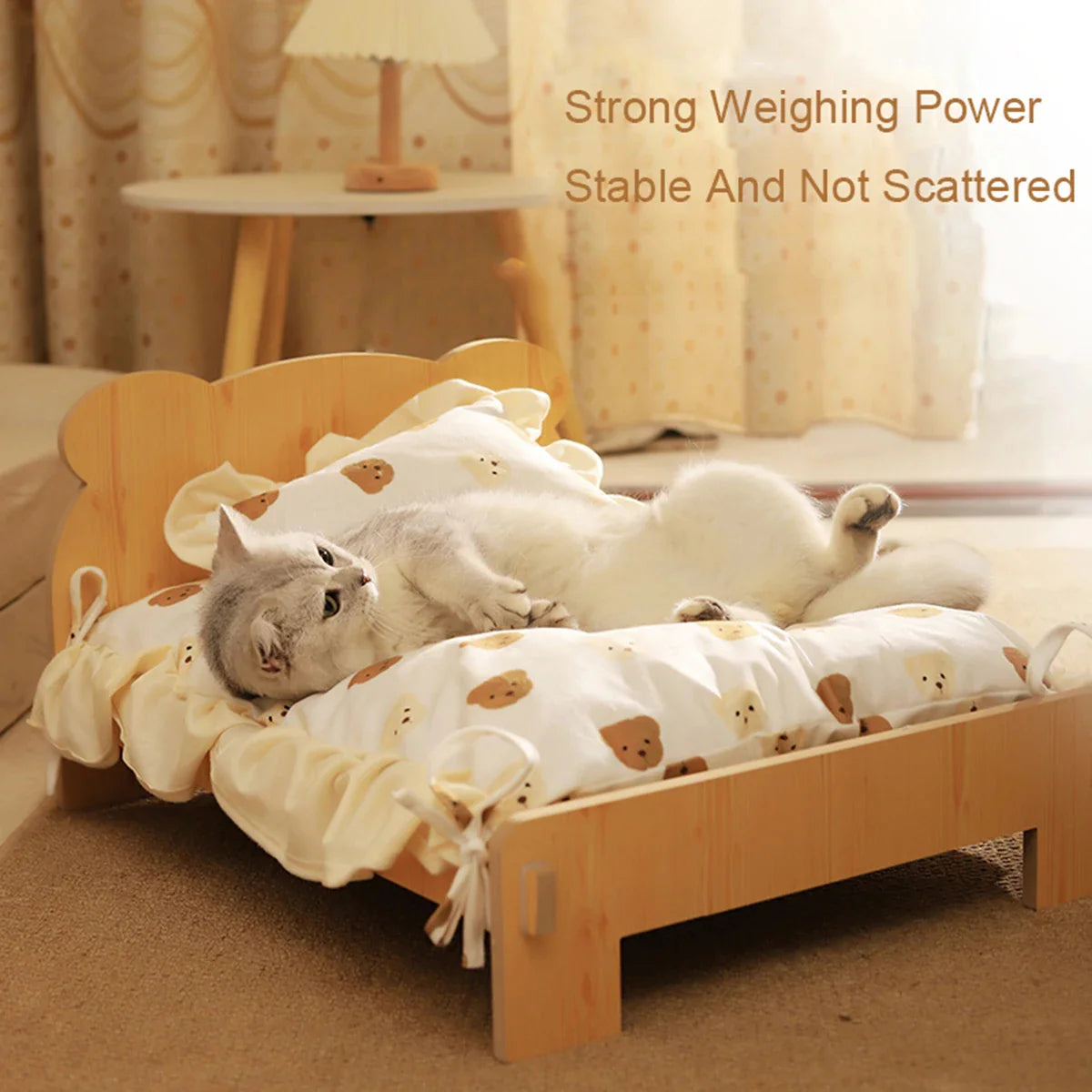 Cat & Dog Bed – Wooden Indoor Pet Furniture with Teddy Bear Pattern, Comfortable & Durable