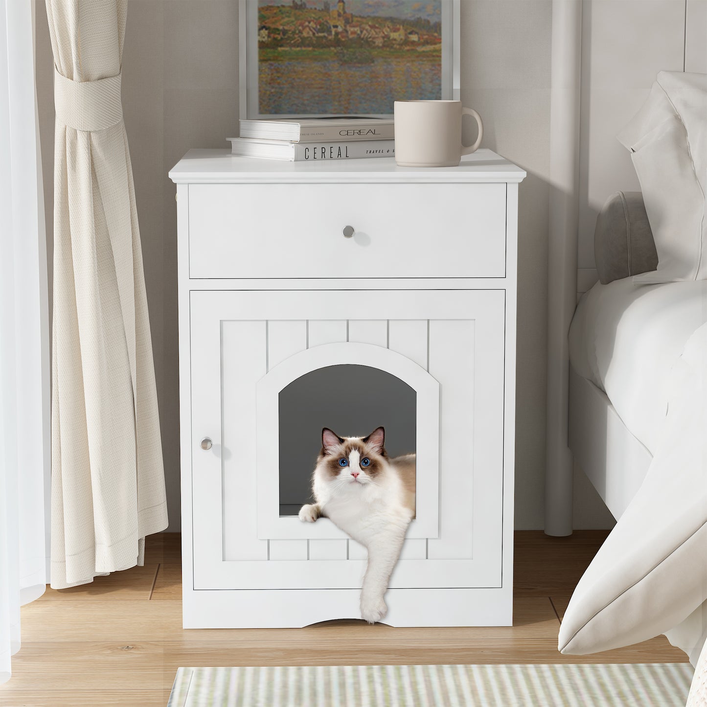 Jack & Susy™ Wooden Cat Litter Box Enclosure with Drawers – Stylish Pet House & Bedside Table for Indoor Cats (White)