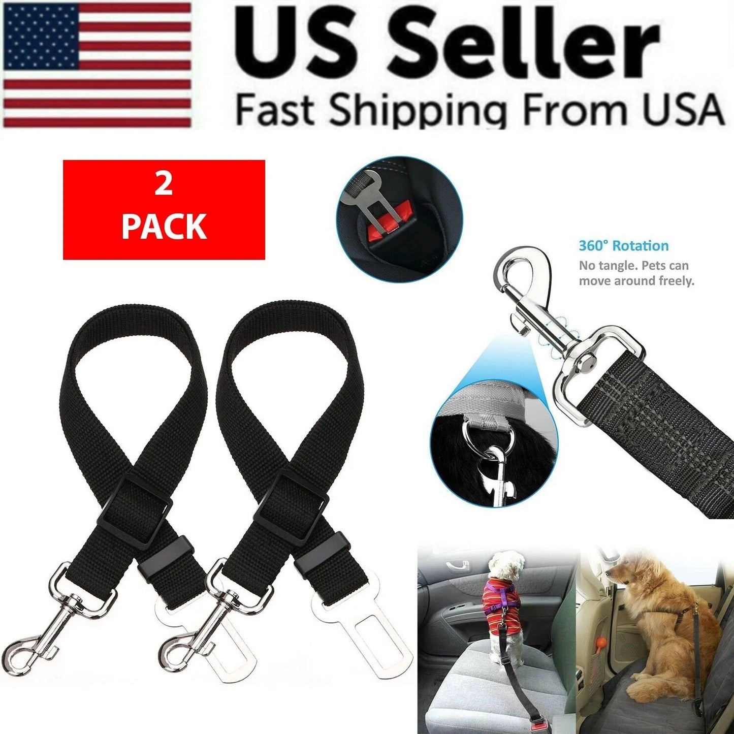 2-Pack Adjustable Pet Car Seat Belts β Heavy-Duty Nylon Safety Harness for Dogs & Cats | Universal Fit, Tangle-Free, Secure Travel Restraint