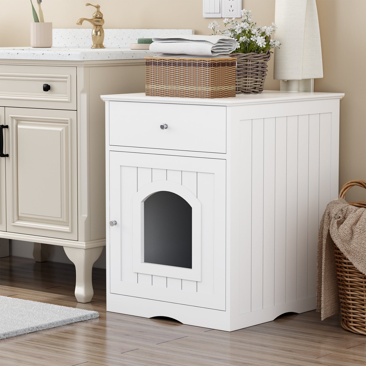 Jack & Susy™ Wooden Cat Litter Box Enclosure with Drawers – Stylish Pet House & Bedside Table for Indoor Cats (White)