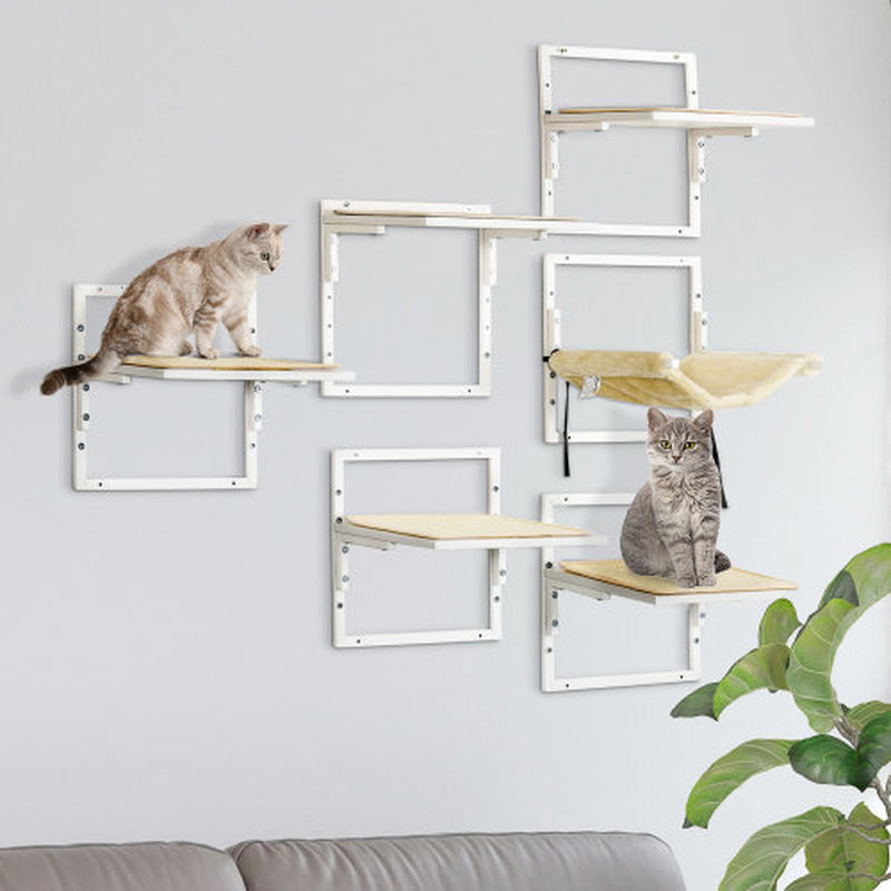 Jack & Susy™ 6-Piece Modern Cat Wall Shelves Set with Hammock – Adjustable Climbing Platforms & Perches for Indoor Cats (Cream White)