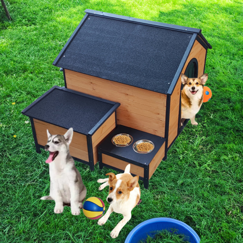 Jack & Susy™ Luxury Wooden Dog House with Playground – Spacious Outdoor Kennel with Feeding Station & Toy Storage (For Multiple Dogs)