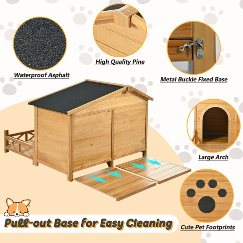 Jack & Susy™ 48" Wooden Dog House with Porch – Weatherproof Pine Kennel with Asphalt Roof for Medium Dogs (Up to 66 lbs)