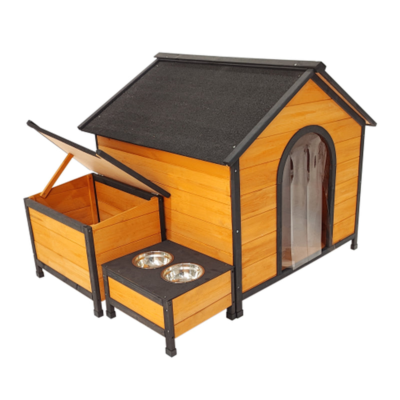 Jack & Susy™ Luxury Wooden Dog House with Playground – Spacious Outdoor Kennel with Feeding Station & Toy Storage (For Multiple Dogs)