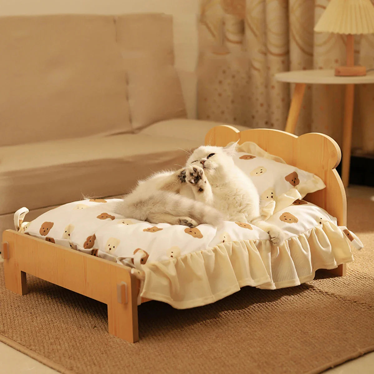 Cat & Dog Bed – Wooden Indoor Pet Furniture with Teddy Bear Pattern, Comfortable & Durable