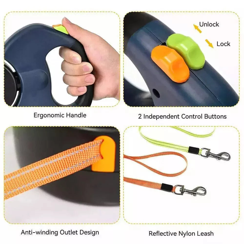Jack & Susy™ Dual Retractable Dog Leash – 360° Tangle-Free Double Walking Lead with Reflective Strips & LED Light