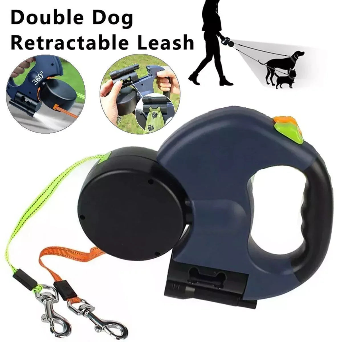 Jack & Susy™ Dual Retractable Dog Leash – 360° Tangle-Free Double Walking Lead with Reflective Strips & LED Light