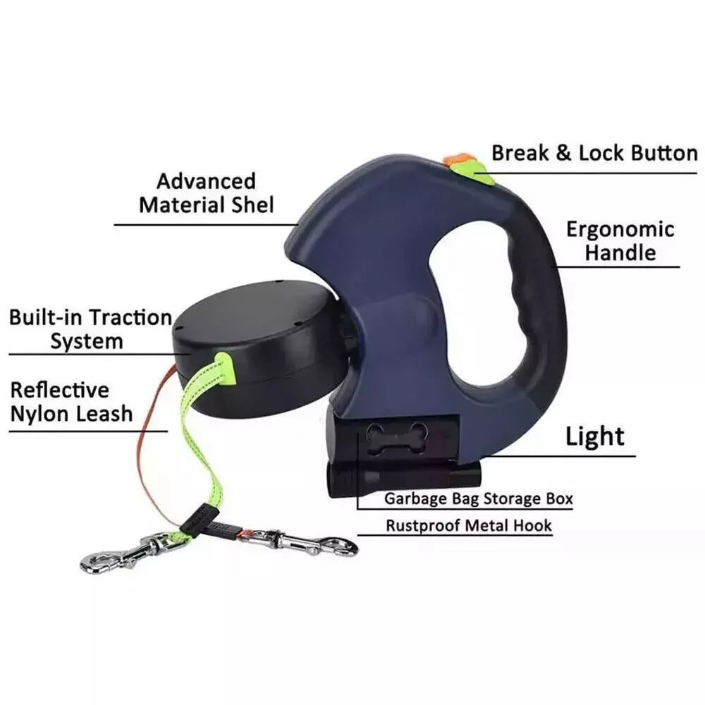 Jack & Susy™ Dual Retractable Dog Leash – 360° Tangle-Free Double Walking Lead with Reflective Strips & LED Light