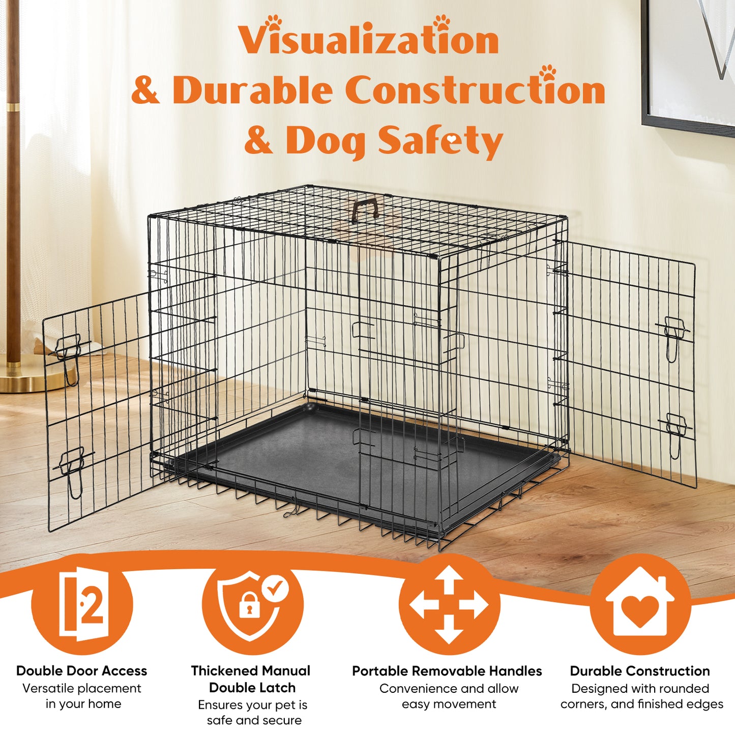 Foldable Double-Door Dog Crate β Heavy-Duty Metal Kennel with Divider & Removable Tray (Multiple Sizes)