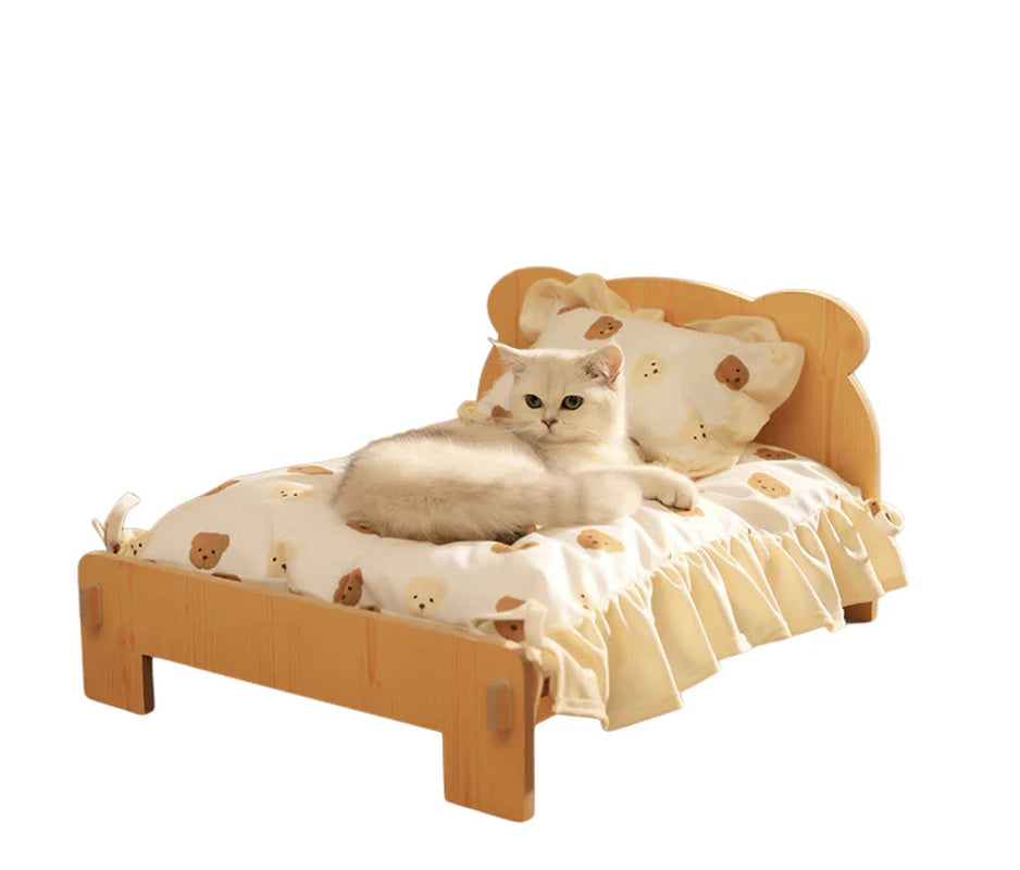 Cat & Dog Bed – Wooden Indoor Pet Furniture with Teddy Bear Pattern, Comfortable & Durable
