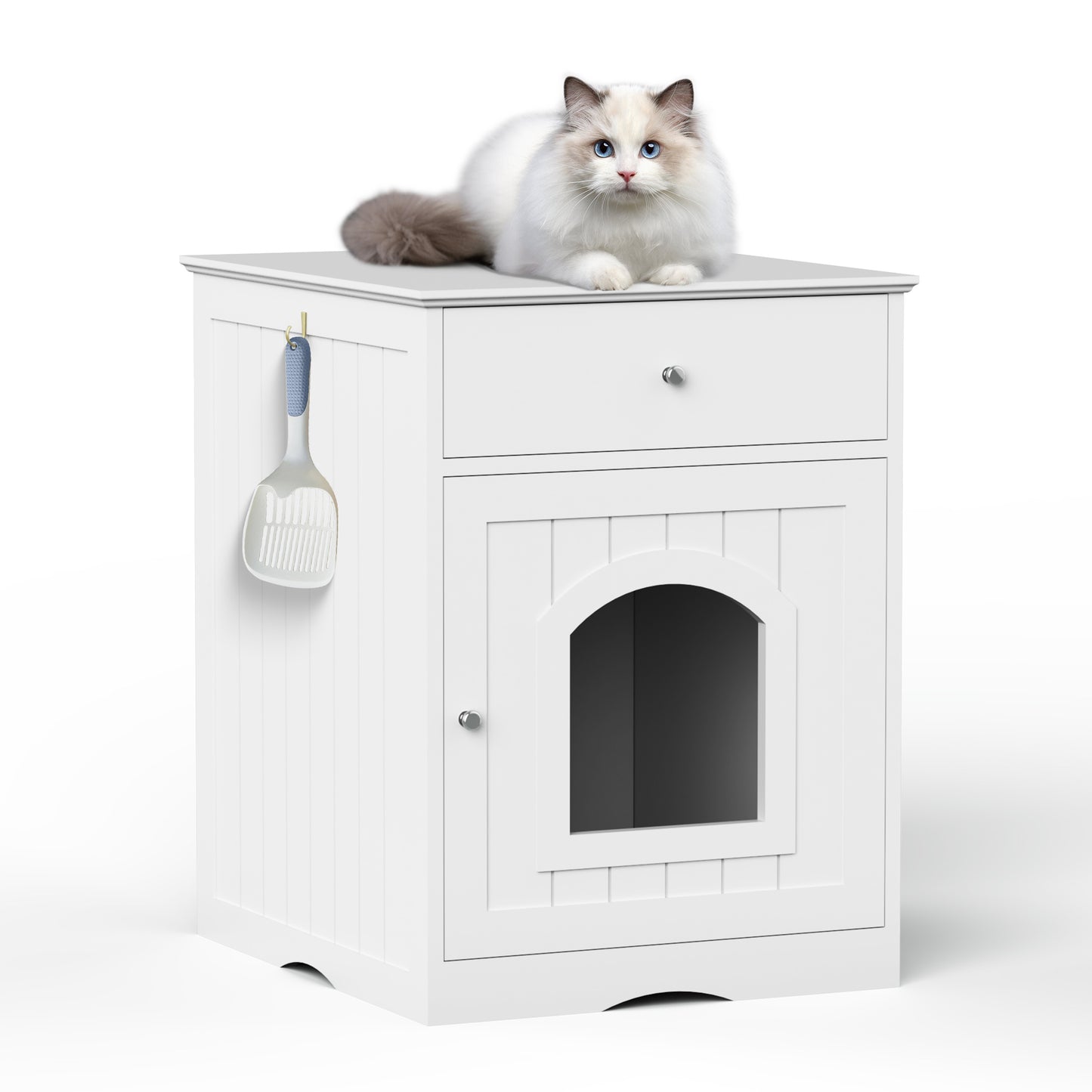 Jack & Susy™ Wooden Cat Litter Box Enclosure with Drawers – Stylish Pet House & Bedside Table for Indoor Cats (White)