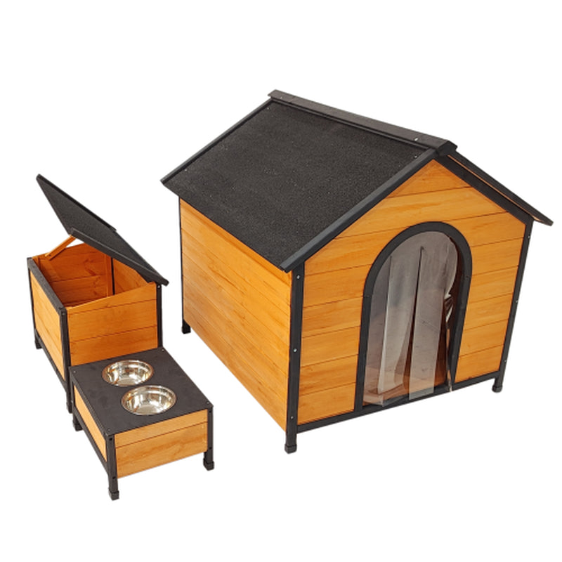 Jack & Susy™ Luxury Wooden Dog House with Playground – Spacious Outdoor Kennel with Feeding Station & Toy Storage (For Multiple Dogs)