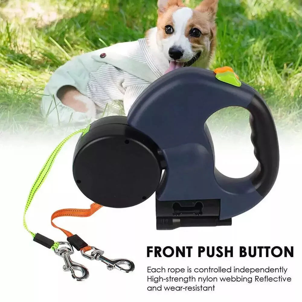 Jack & Susy™ Dual Retractable Dog Leash – 360° Tangle-Free Double Walking Lead with Reflective Strips & LED Light
