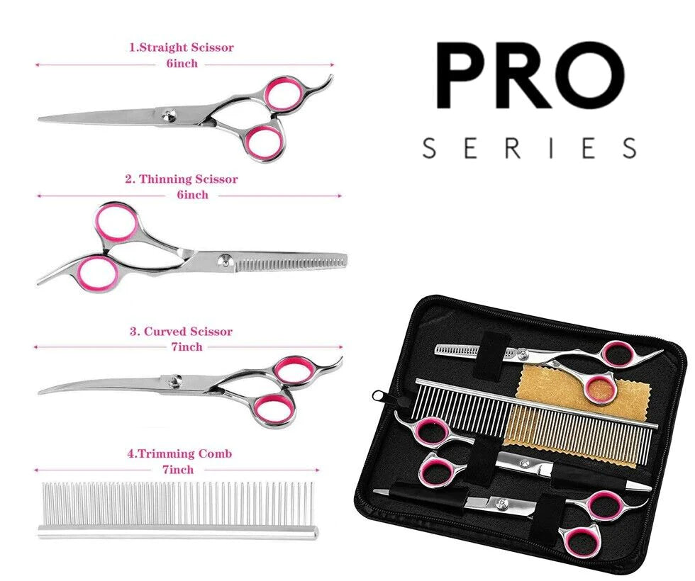 Premium Pet Grooming Scissors Kit β 7β Stainless Steel Straight, Curved & Thinning Shears with Comb & Case