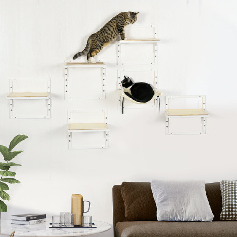Jack & Susy™ 6-Piece Modern Cat Wall Shelves Set with Hammock – Adjustable Climbing Platforms & Perches for Indoor Cats (Cream White)