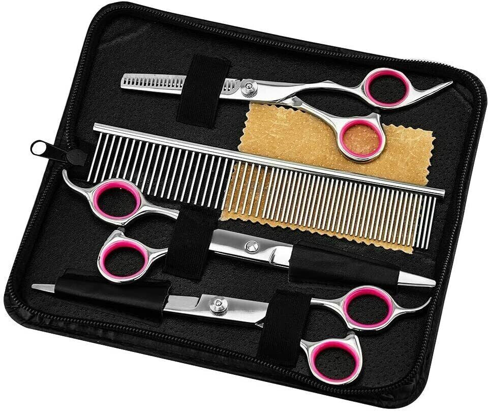 Premium Pet Grooming Scissors Kit β 7β Stainless Steel Straight, Curved & Thinning Shears with Comb & Case