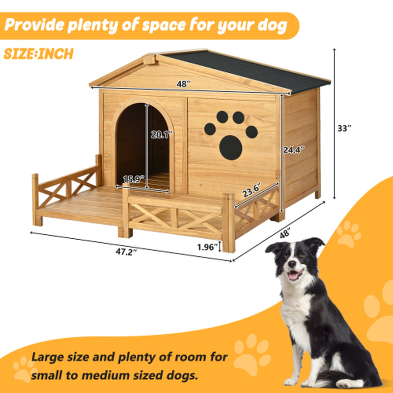 Jack & Susy™ 48" Wooden Dog House with Porch – Weatherproof Pine Kennel with Asphalt Roof for Medium Dogs (Up to 66 lbs)