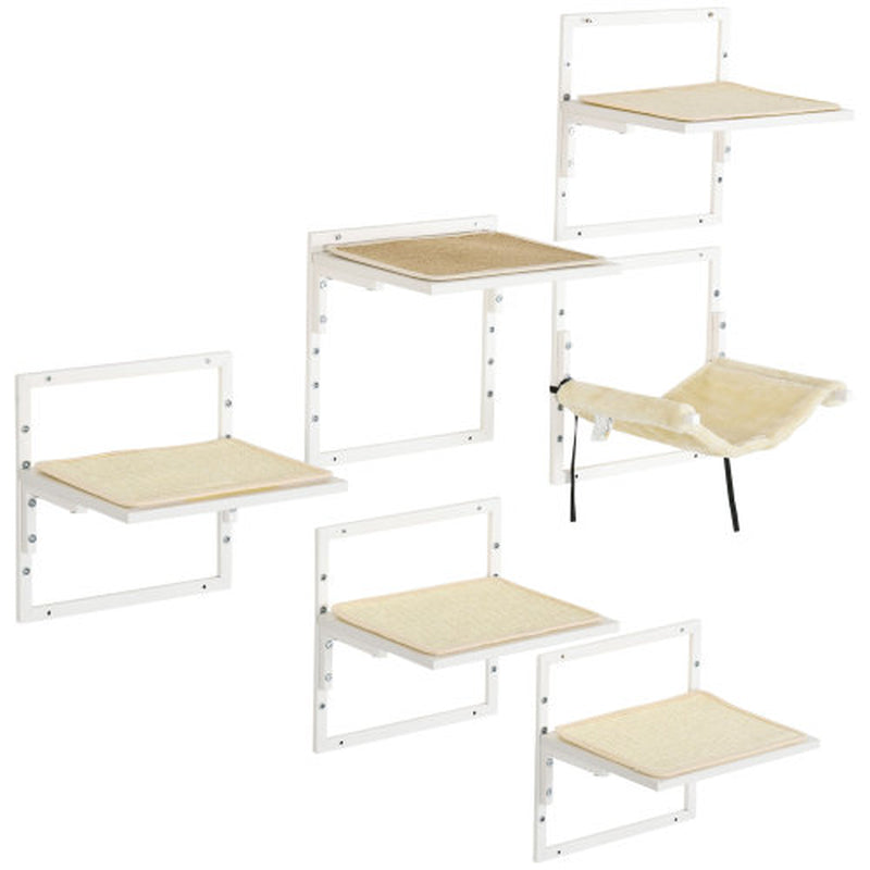 Jack & Susy™ 6-Piece Modern Cat Wall Shelves Set with Hammock – Adjustable Climbing Platforms & Perches for Indoor Cats (Cream White)