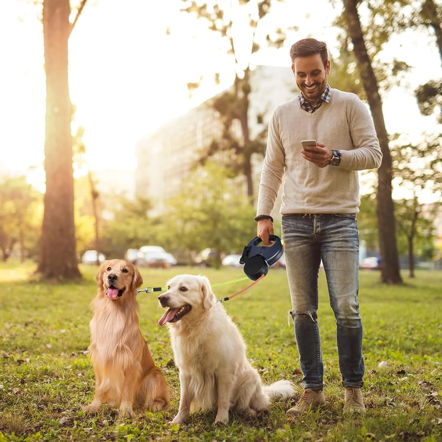 Jack & Susy™ Dual Retractable Dog Leash – 360° Tangle-Free Double Walking Lead with Reflective Strips & LED Light