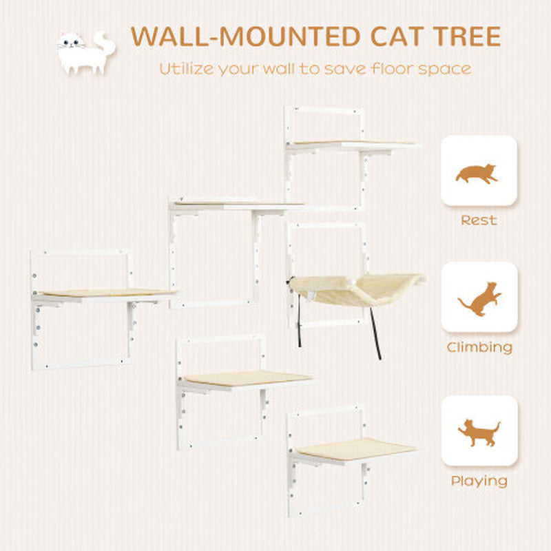 Jack & Susy™ 6-Piece Modern Cat Wall Shelves Set with Hammock – Adjustable Climbing Platforms & Perches for Indoor Cats (Cream White)