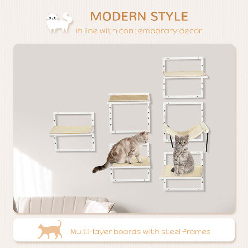 Jack & Susy™ 6-Piece Modern Cat Wall Shelves Set with Hammock – Adjustable Climbing Platforms & Perches for Indoor Cats (Cream White)