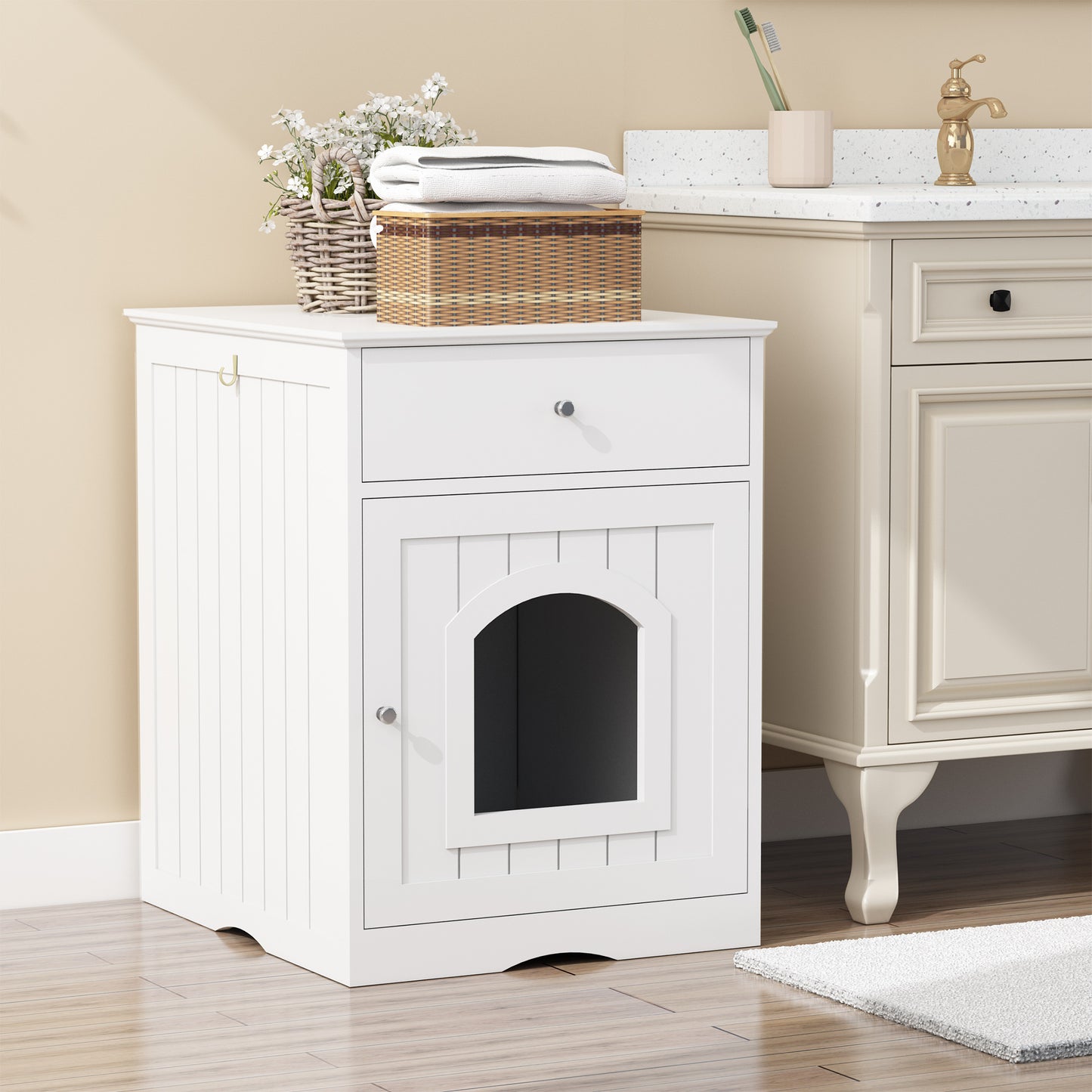 Jack & Susy™ Wooden Cat Litter Box Enclosure with Drawers – Stylish Pet House & Bedside Table for Indoor Cats (White)