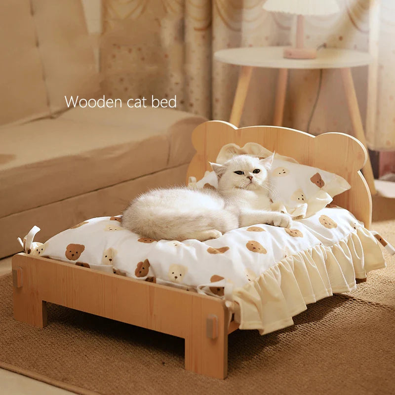 Cat & Dog Bed – Wooden Indoor Pet Furniture with Teddy Bear Pattern, Comfortable & Durable