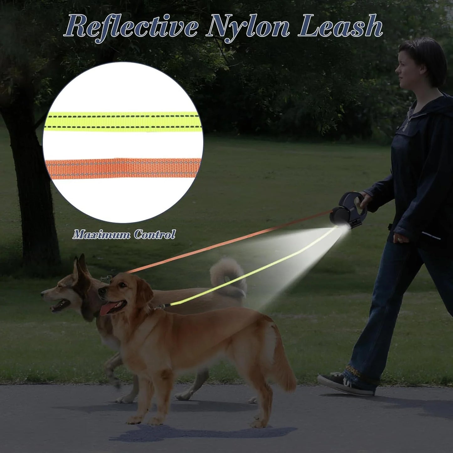 Jack & Susy™ Dual Retractable Dog Leash – 360° Tangle-Free Double Walking Lead with Reflective Strips & LED Light