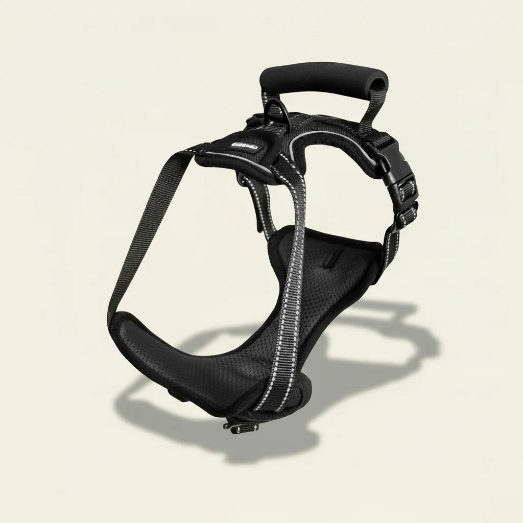 Padded reflective dog harness in black with control handle