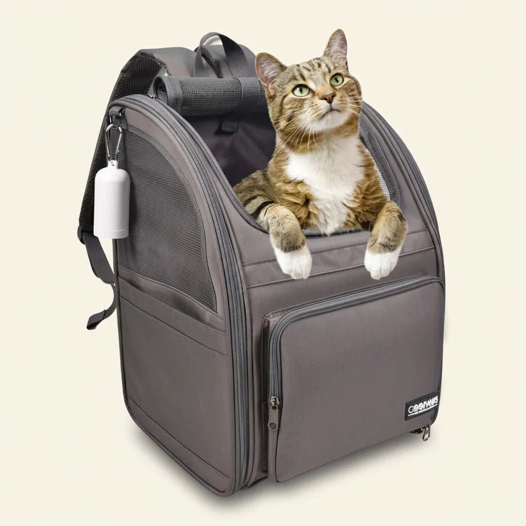 Grey backpack pet carrier, 12.5 by 10.5 by 16.5 inches