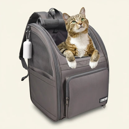 Grey backpack pet carrier, 12.5 by 10.5 by 16.5 inches
