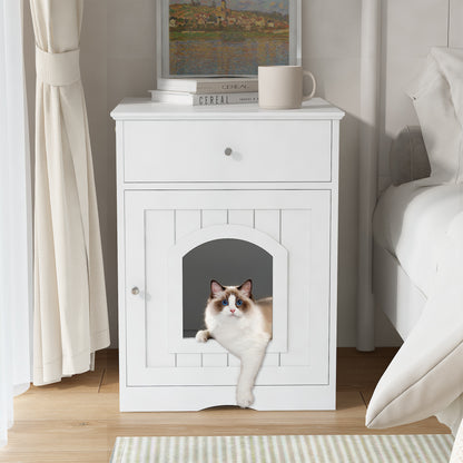 Jack & Susy™ Wooden Cat Litter Box Enclosure with Drawers – Stylish Pet House & Bedside Table for Indoor Cats (White)