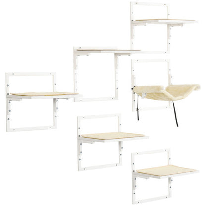 Jack & Susy™ 6-Piece Modern Cat Wall Shelves Set with Hammock – Adjustable Climbing Platforms & Perches for Indoor Cats (Cream White)
