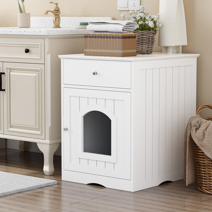 Jack & Susy™ Wooden Cat Litter Box Enclosure with Drawers – Stylish Pet House & Bedside Table for Indoor Cats (White)