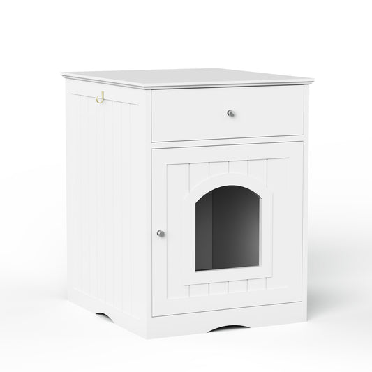 Jack & Susy™ Wooden Cat Litter Box Enclosure with Drawers – Stylish Pet House & Bedside Table for Indoor Cats (White)