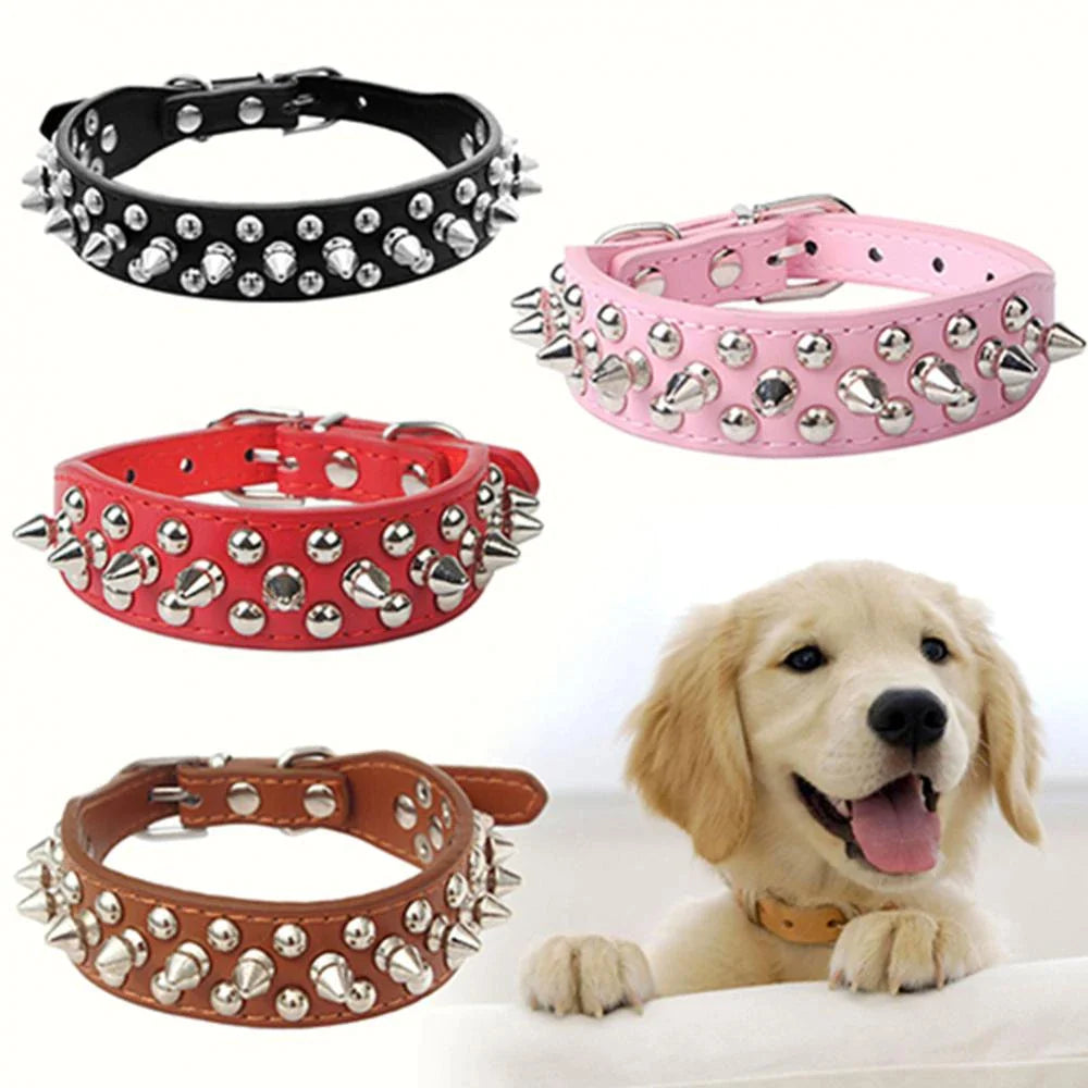 Jack & Susy™ Spiked Studded Leather Dog Collar – Adjustable PU Collar with Rivets for Small to Large Dogs