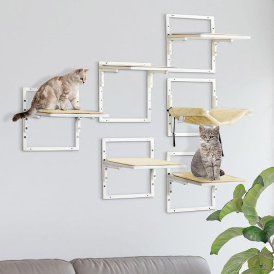Jack & Susy™ 6-Piece Modern Cat Wall Shelves Set with Hammock – Adjustable Climbing Platforms & Perches for Indoor Cats (Cream White)