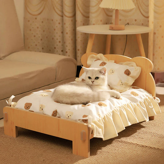 Cat & Dog Bed – Wooden Indoor Pet Furniture with Teddy Bear Pattern, Comfortable & Durable