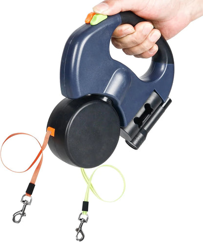 Jack & Susy™ Dual Retractable Dog Leash – 360° Tangle-Free Double Walking Lead with Reflective Strips & LED Light