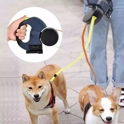 Jack & Susy™ Dual Retractable Dog Leash – 360° Tangle-Free Double Walking Lead with Reflective Strips & LED Light