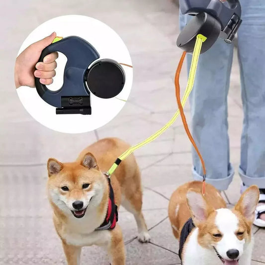 Jack & Susy™ Dual Retractable Dog Leash – 360° Tangle-Free Double Walking Lead with Reflective Strips & LED Light