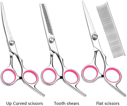 Premium Pet Grooming Scissors Kit – 7” Stainless Steel Straight, Curved & Thinning Shears with Comb & Case