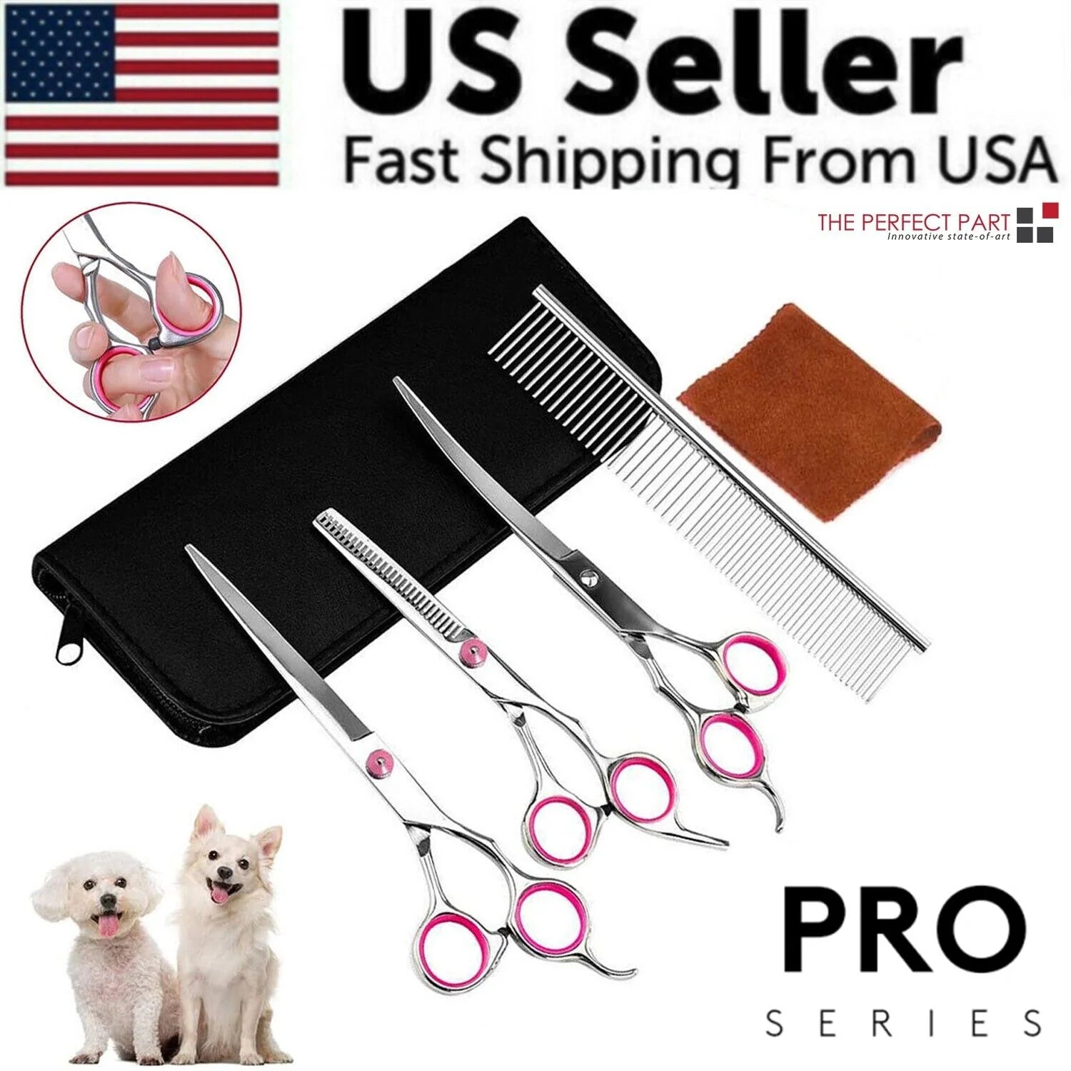 Premium Pet Grooming Scissors Kit – 7” Stainless Steel Straight, Curved & Thinning Shears with Comb & Case