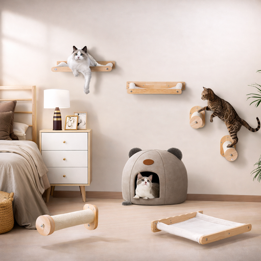 Wall-Mounted Cat Shelves – Posts & Hammocks Set