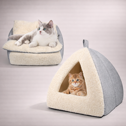 2-in-1 Cozy Pet Bed – Convertible Cat Cave with Removable Cushion