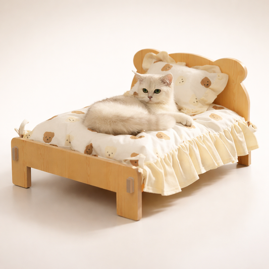 Cat & Dog Bed – Wooden Indoor Pet Furniture with Teddy Bear Pattern, Comfortable & Durable
