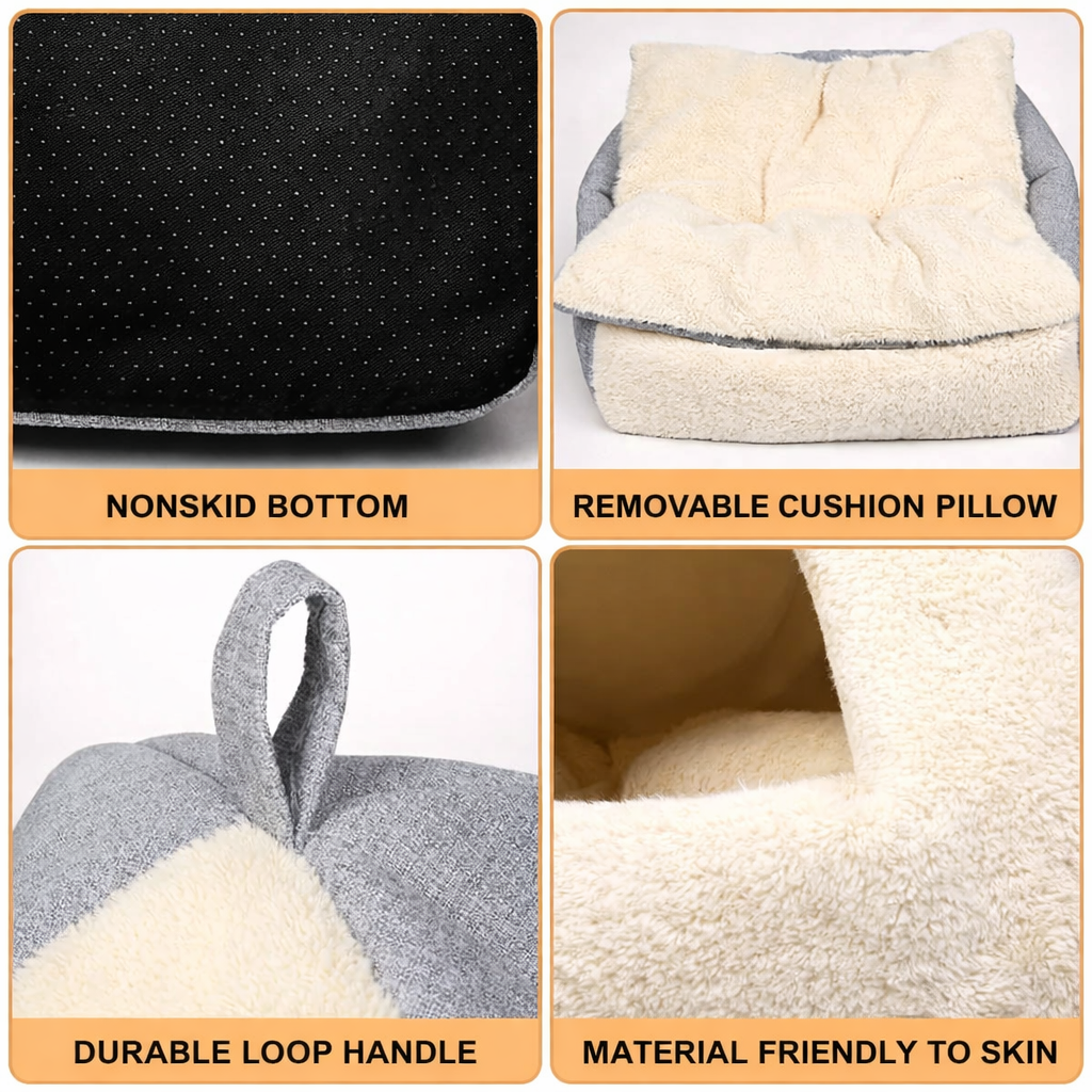 2-in-1 Cozy Pet Bed – Convertible Cat Cave with Removable Cushion