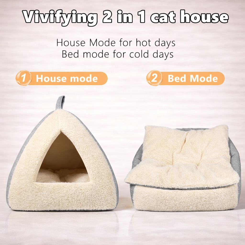 2-in-1 Cozy Pet Bed – Convertible Cat Cave with Removable Cushion