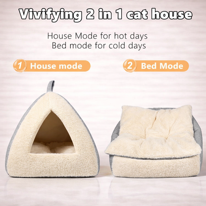 2-in-1 Cozy Pet Bed – Convertible Cat Cave with Removable Cushion