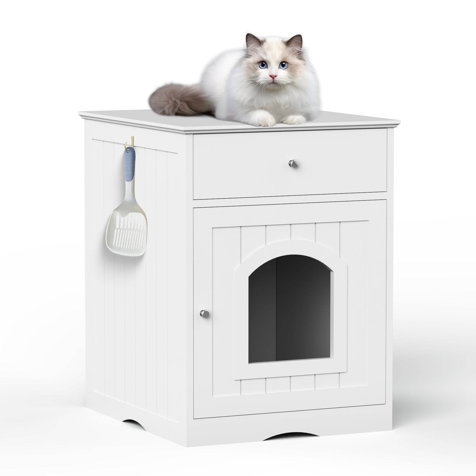 Jack & Susy™ Wooden Cat Litter Box Enclosure with Drawers – Stylish Pet House & Bedside Table for Indoor Cats (White)